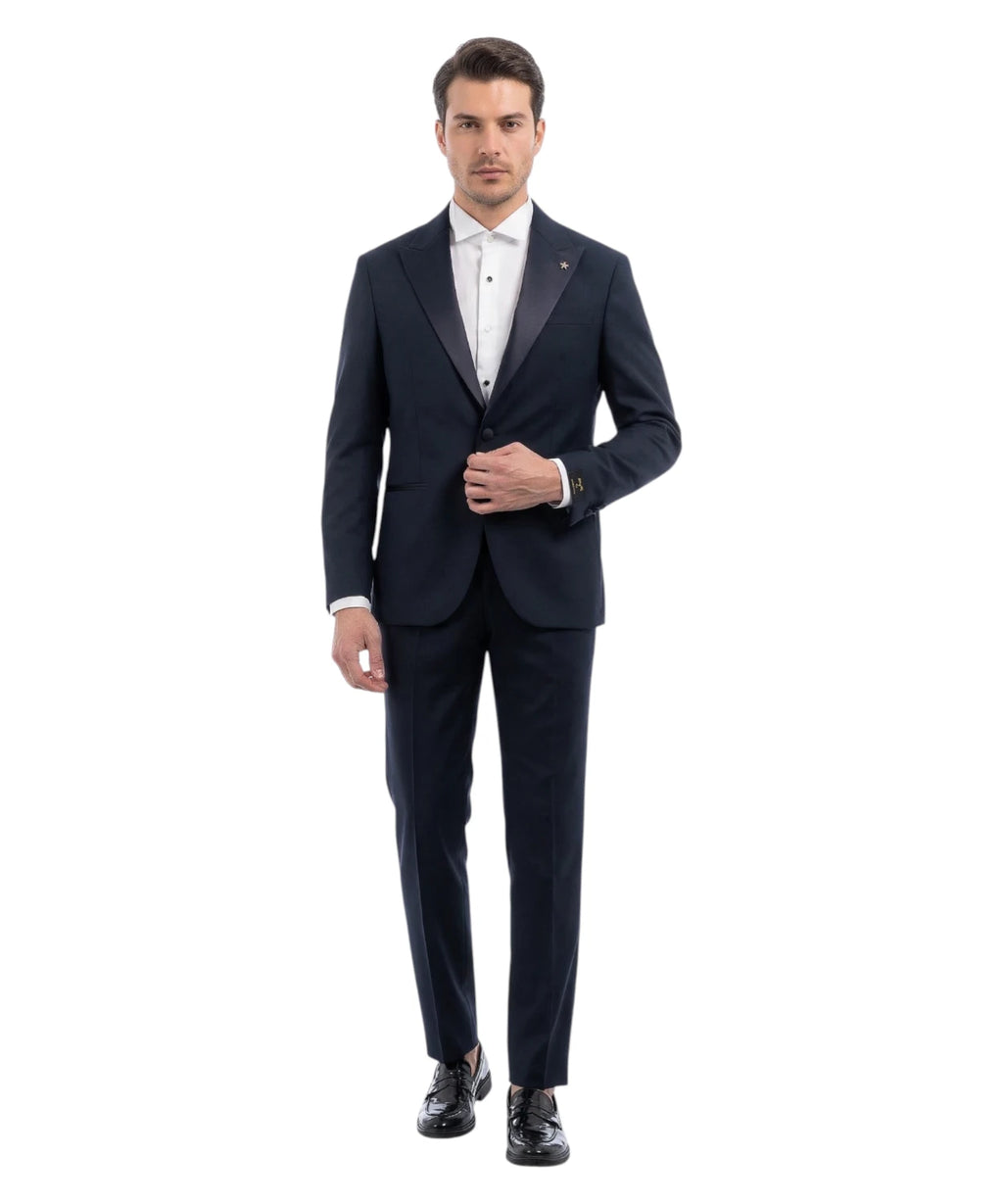Manuel Ritz Abito Smoking Uomo Blu Slim Fit in Fresco Lana Stretch con Rever a Lancia